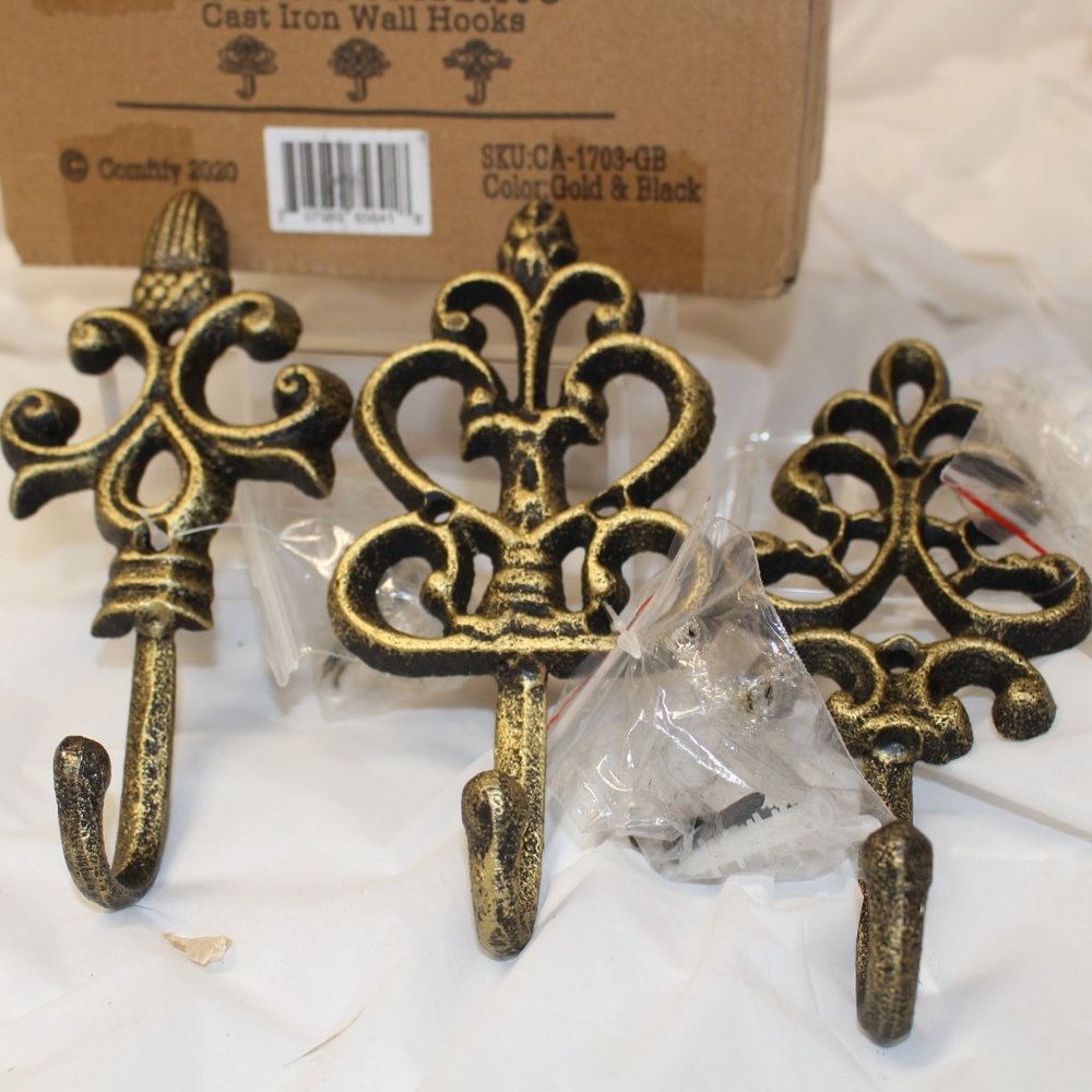 Set of 3 Shabby Chic Cast Iron Decorative Wall Mounted Hooks French Country Char